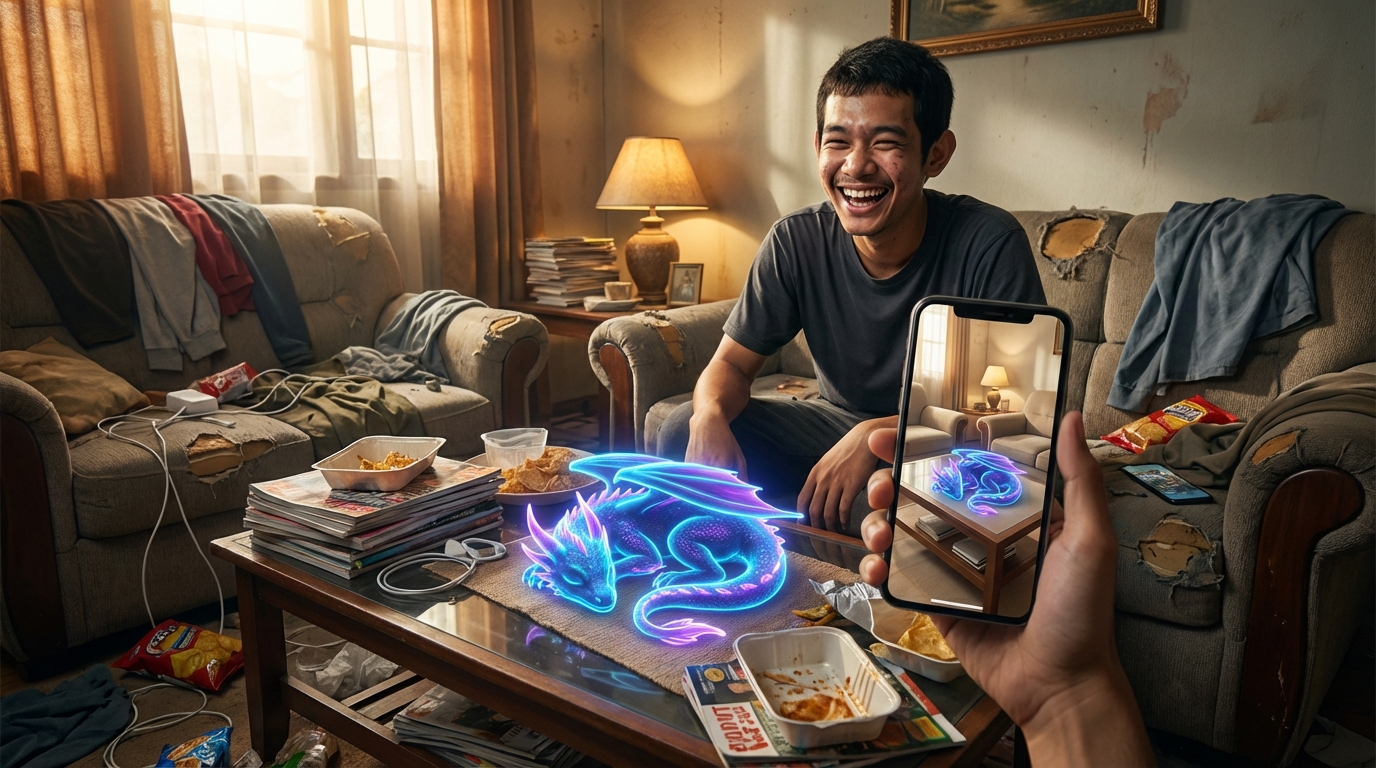 The image depicts a cluttered and lived-in living room, bathed in warm, natural light from a window on the left, contrasted with the vibrant, cool glow of an augmented reality (AR) dragon. In the foreground, a hand, viewed from a first-person perspective, holds a modern smartphone (resembling an iPhone). The phone's screen displays an AR overlay of the same room, featuring a glowing blue and purple dragon resting on the coffee table, mirroring the dragon visible in the real-world scene. This effectively conveys the AR experience. The central focus of the room is a wooden coffee table with a glass top, heavily laden with various items. These include multiple stacks of magazines or books, several empty or partially consumed take-out food containers with remnants of food (chips, possibly fried chicken), crumpled chip bags, and a pair of white wired headphones or earbuds. A textured placemat lies beneath some of these items and the dragon. Behind the coffee table, a young East Asian man is seated on a worn, upholstered sofa. He is dressed in a simple dark grey t-shirt and is captured mid-laugh, with a wide, joyful smile, suggesting genuine amusement or delight with the AR experience. The sofa he sits on, like another sofa visible on the left, shows significant signs of wear and tear, with ripped fabric and exposed cushioning. Both sofas are draped with various articles of clothing and blankets, adding to the room's disheveled appearance. On the sofa to the left, a white power adapter and tangled white cables are visible. On the sofa to the right, a red chip bag and another smartphone are casually placed. In the background, to the left, bright sunlight streams through a large window covered by light brown curtains. The floor beneath the left sofa is also scattered with chip bags and cables. To the right, behind the man, a small wooden side table holds a stack of books, a traditional table lamp with a beige shade emitting a warm light, and a framed photograph. The wall in this area shows patches of peeling paint or plaster, further emphasizing the room's unkempt state. Above the right sofa, a framed painting with an ornate golden frame hangs on the wall. The luminous, translucent dragon, glowing with neon blue and purple hues, provides a striking focal point, its magical appearance standing in sharp contrast to the mundane and untidy surroundings. The overall impression is one of escapism and joy found through technology, blending a vibrant digital fantasy with everyday reality.