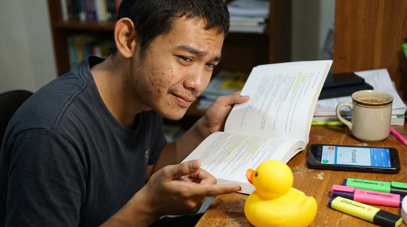 A professional engaging in rubber duck debugging at a desk with flashcards