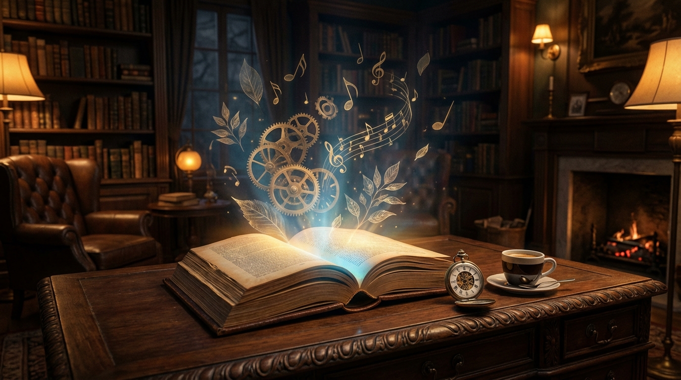 An antique book glowing with magical cogs and gears on a dark wooden desk beside a pocket watch and a cup of coffee