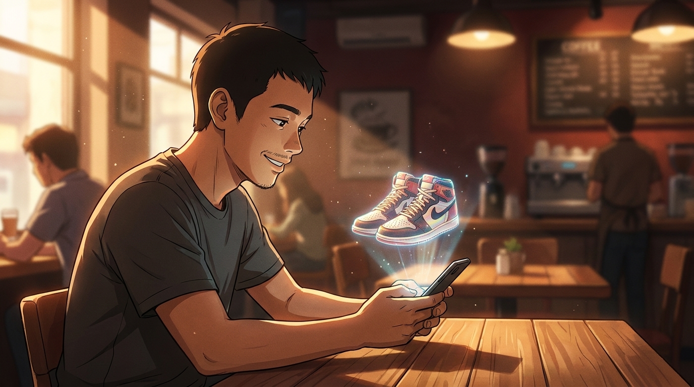 Ilustrasi pria menggunakan augmented reality untuk melihat sepatu sneakers virtual