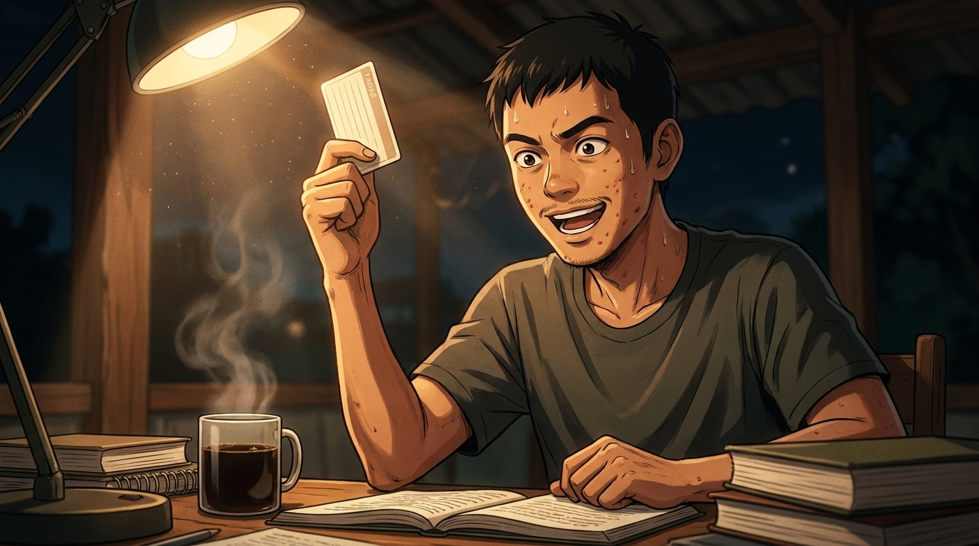 This illustration shows a young man with short, dark hair and a light beard, sitting at a wooden desk during the night. He is wearing a dark green t-shirt and appears to be sweating. His expression is intense, with wide eyes and a slight smile, as he looks up at a small, rectangular white card.