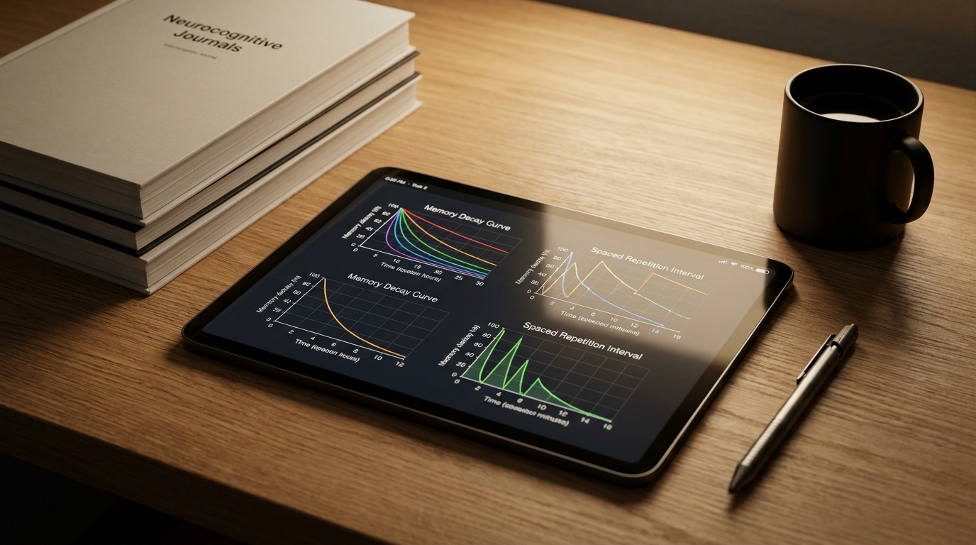 This high-angle, full shot features a tablet with a dark theme displaying scientific graphs, lying on a wooden desk, surrounded by office supplies.