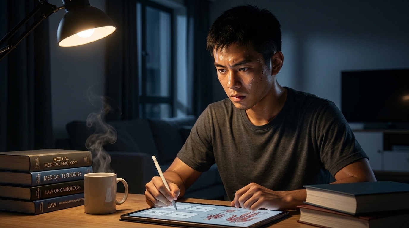 The image shows a young Asian man sitting at a desk in a dimly lit room, possibly his home, at night. He is intently focused on a tablet, holding a white stylus in his right hand and appearing to write or draw on the screen. The tablet displays anatomical diagrams of the human body.