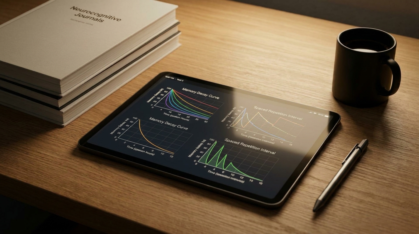 A high-angle, medium shot shows a black tablet computer displaying four graphs with dark backgrounds and white lines and text, resting flat on a wooden desk surface.