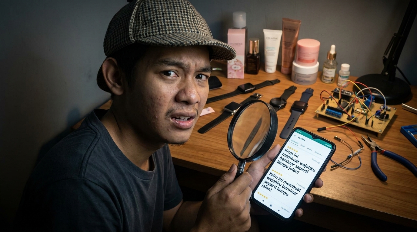 Seorang pria muda menatap curiga ke arah layar ponsel dengan kaca pembesar, melihat ulasan palsu yang berbunyi Krim ini membuat wajahku bersinar seperti lampu jalan!