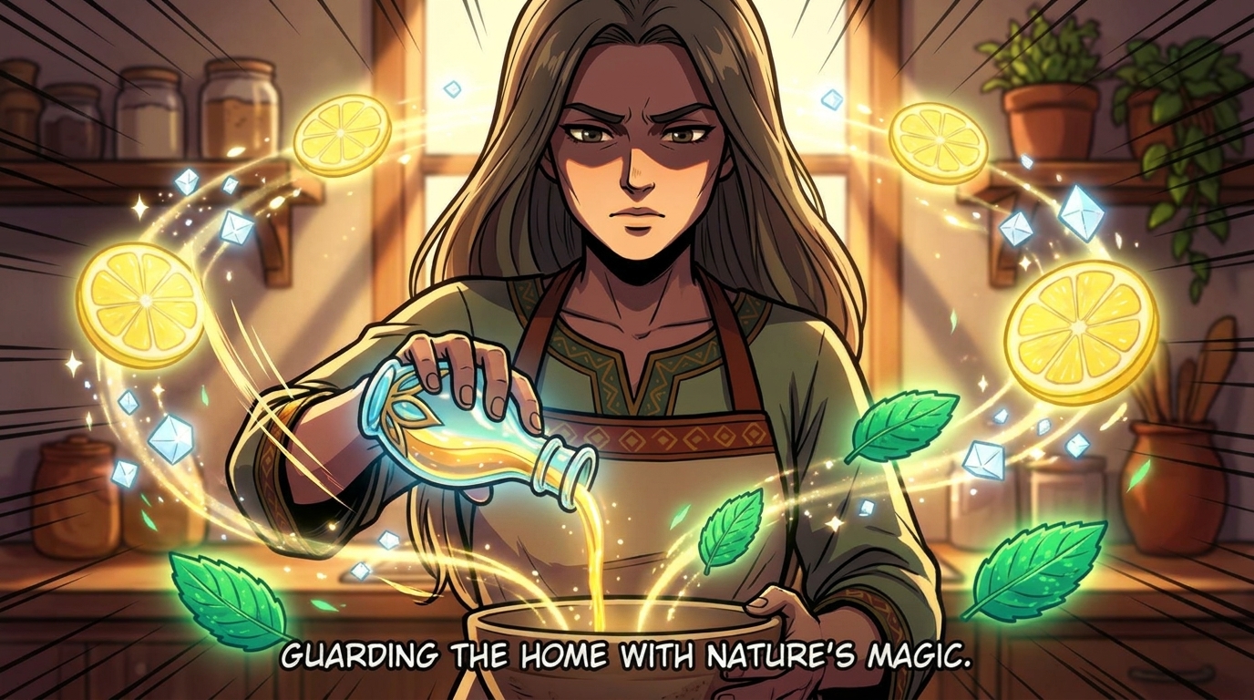 Woman performing magical ritual with natural cleaning potion in kitchen