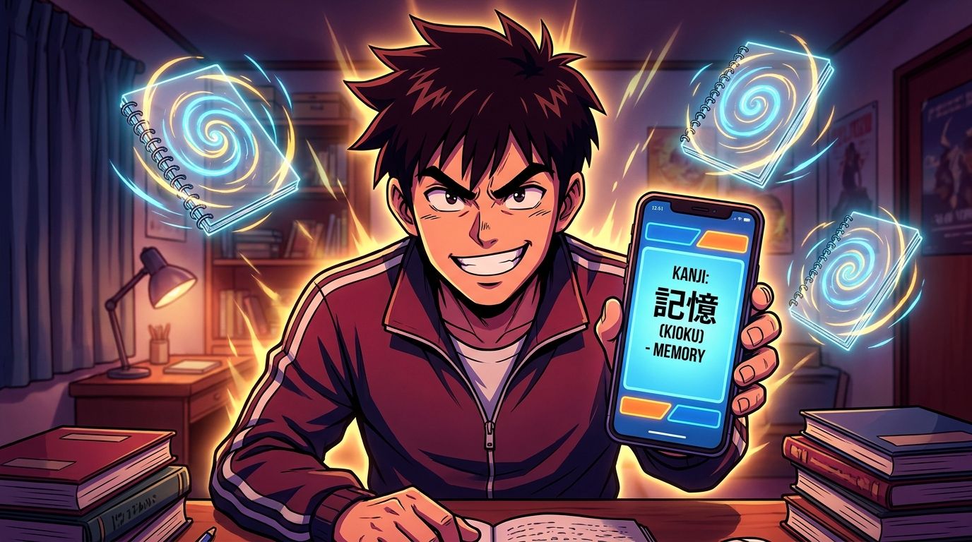 Karakter anime mahasiswa fokus memegang smartphone menampilkan aplikasi KANJI MEMORY dengan buku-buku bersinar melayang di sekelilingnya