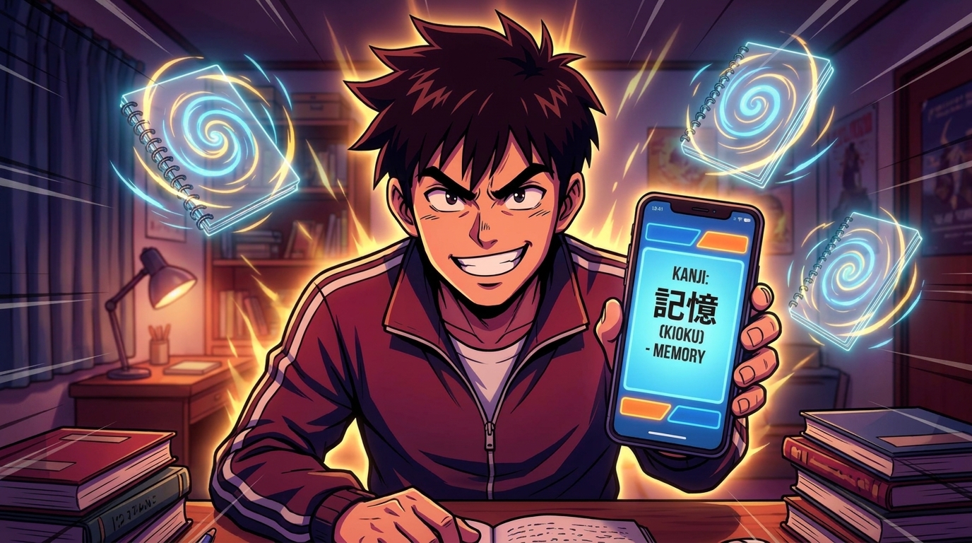 Karakter anime pria bersemangat memegang smartphone dengan aplikasi memori, dikelilingi buku catatan yang melayang dengan aura energi di ruang belajar malam hari