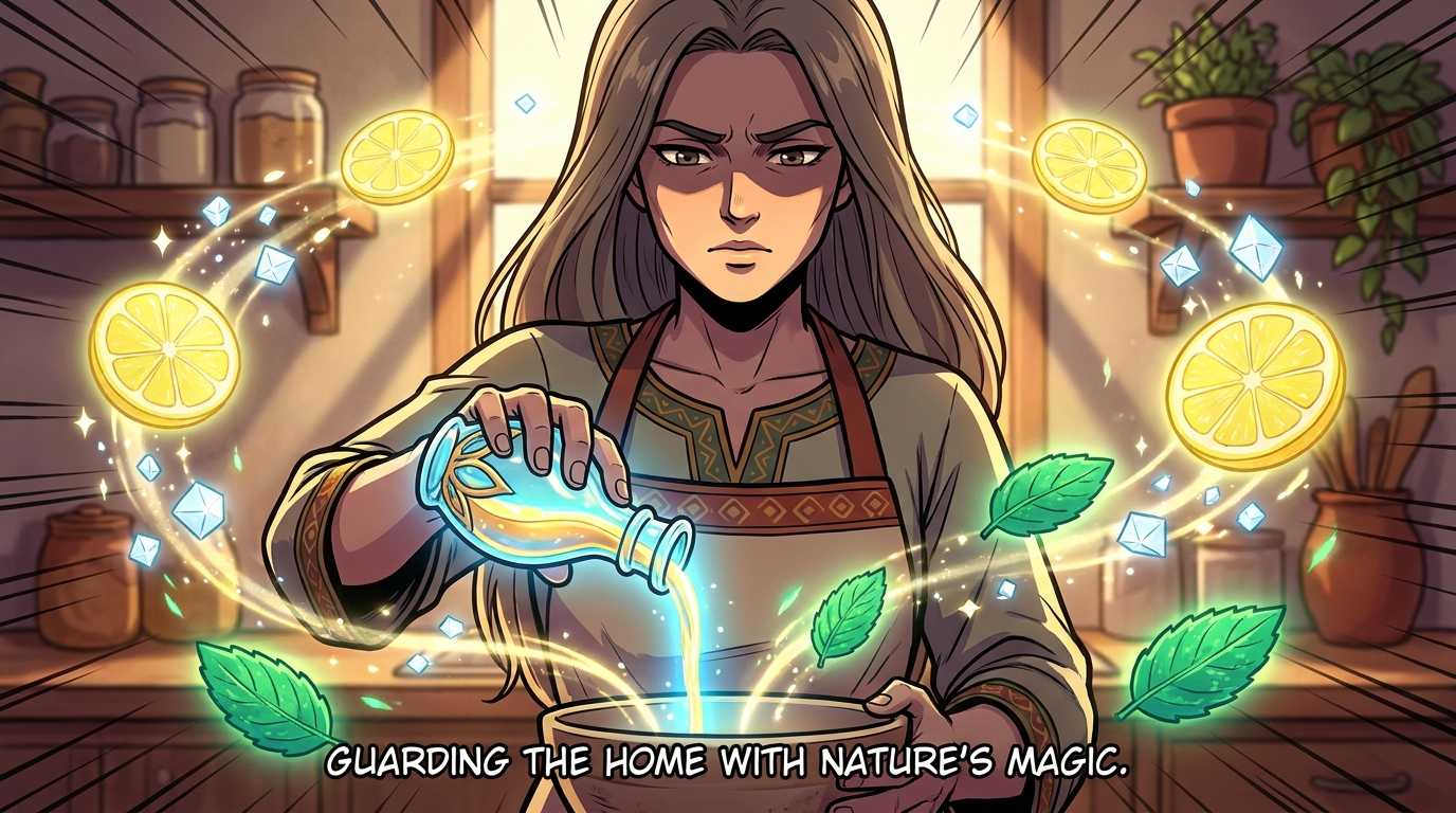 Woman pouring magical lemon and mint cleaning liquid
