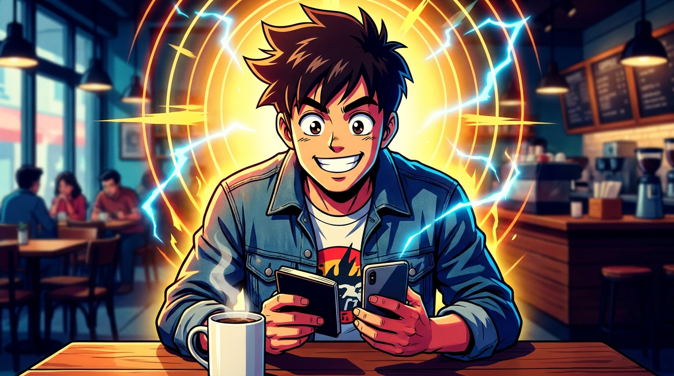 A comic book panel-style illustration shows a young man with spiky brown hair and a wide, open-mouthed smile, seated at a wooden table in a bustling cafe. He is wearing an open denim jacket over a white t-shirt with a graphic print. In his left hand, he holds a small black notebook, and in his right, a smartphone. A bright, circular aura of yellow light, crossed with crackling blue lightning bolts, surrounds his head and upper body, making him the central focus. On the table in front of him sits a white mug with steam rising from it. In the background, out-of-focus patrons sit at other tables, and a cafe counter with equipment and large windows is visible. The art style uses bold outlines and vibrant, saturated colors.