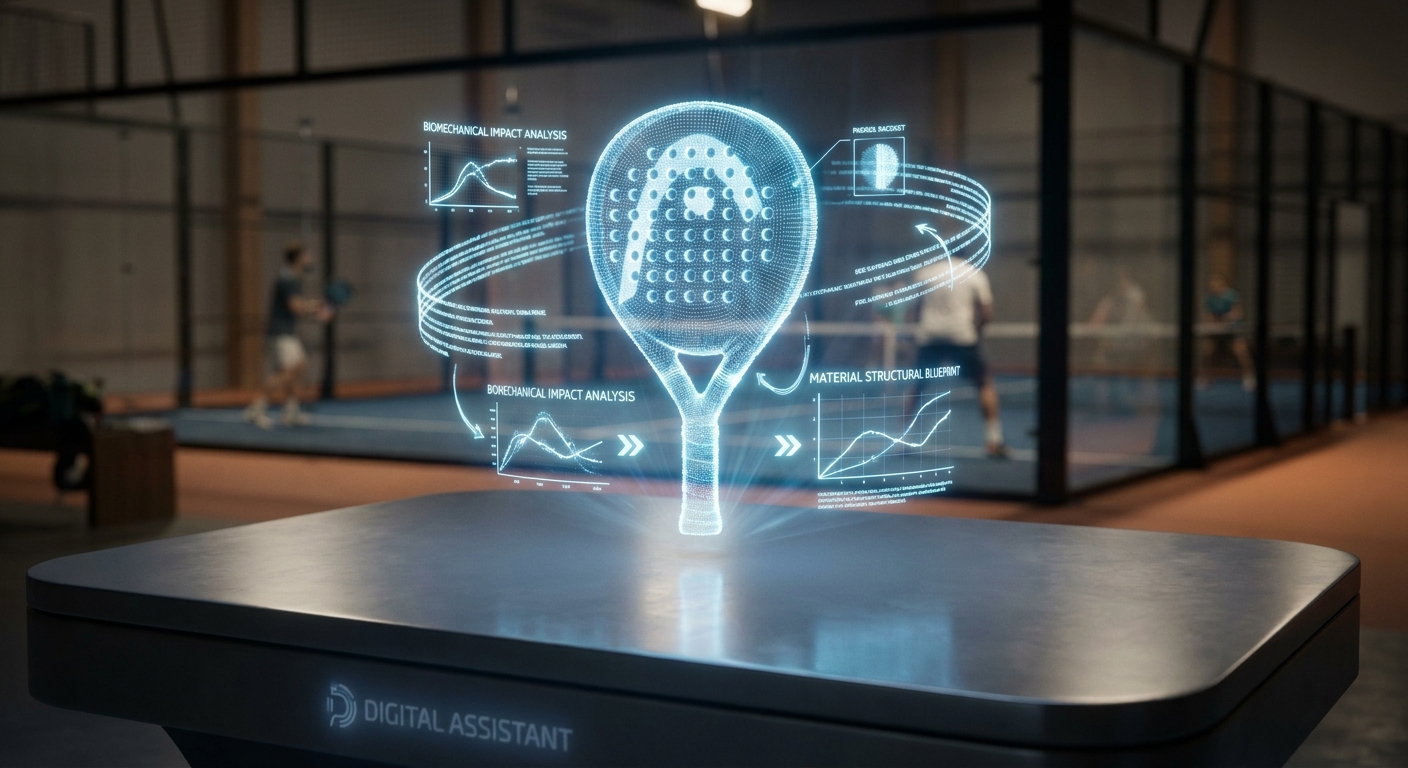 A close-up shot captures a holographic projection of a padel racket hovering above a grey, rectangular table with a matte surface. The projection is rendered in glowing blue lines and dots, showing a perforated head and a solid handle. Encircling the racket are various data visualizations and text, also in blue light. To the upper left, a section titled BIOMECHANICAL IMPACT ANALYSIS features two waveform graphs and lines of illegible text. Below it, another section with the same title shows two more graphs and arrows pointing to the racket, accompanied by text. To the upper right, a section titled MATERIAL STRUCTURAL BLUEPRINT shows a line graph and arrows pointing to a smaller wireframe of the racket head. Below this, another section with the same title displays a different line graph and data. Curved lines of text and code wrap around the central racket, connecting the different data points. The table has a dark base with the white logo and text D) DIGITAL ASSISTANT on its front surface. In the blurred background, a padel court with glass walls and a net is visible. Two players, one in white and one in dark clothing, are on the court, while a third player is further back. The court floor is blue and orange, and the lighting is warm. The wooden structure of the building is also visible in the background.