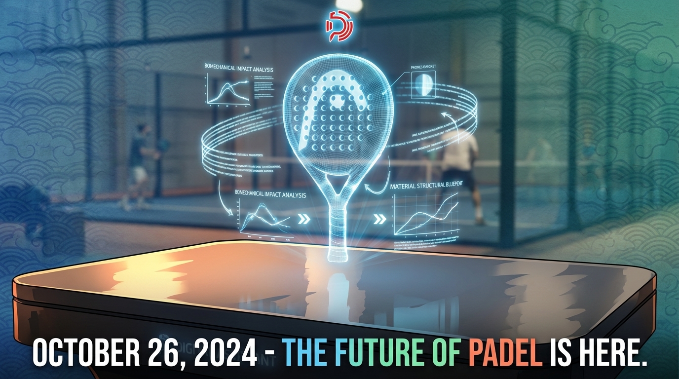 A detailed analysis of the provided image reveals a futuristic display of a padel racket. Central Holographic Display: A glowing, translucent blue holographic projection of a padel racket is the central focus. It appears to be made of light and energy, showing the rackets head, frame, and grip. The holes on the racket face are clearly visible. Surrounding the racket are various blue glowing data points, graphs, and diagrams. These include: Top Left: A line graph titled BIOMECHANICAL IMPACT ANALYSIS with axes and a curve. Top Right: A circular diagram labeled POWER GASKET showing concentric rings. Bottom Left: Another graph titled BIOMECHANICAL IMPACT ANALYSIS, showing a different curve. Bottom Right: A graph titled MATERIAL STRUCTURAL BLUEPRINT showing multiple lines. Curved blue lines of data and text swirl around the racket, indicating a flow of information. Arrows point from the data elements towards the racket, suggesting they are analyzing it. A glowing red and white logo, possibly a stylized P with a sound wave, is at the top center of the projection. Projection Source and Surface: The hologram is being projected from the surface of a thick, black table or platform. The table surface is reflective, showing a blurred reflection of the blue light from the hologram and the background. The light emitting from the table surface is a bright blue, illuminating the base of the holographic racket. Background Environment: The background is a blurred padel court, with a blue artificial turf floor and glass walls. Two padel players, one in white and one in black, are visible in the background, actively playing. The one on the right is about to hit the ball. The wall behind the court features a repeating pattern of blue, stylized Japanese waves, giving the scene a specific cultural touch. The overall lighting in the background is a warm indoor light, contrasting with the cool blue light of the hologram. Text Overlay: At the bottom of the image, large white text reads: OCTOBER 26, 2024 - THE FUTURE OF PADEL IS HERE. The words THE FUTURE OF PADEL are in a gradient of blue, green, and white, adding emphasis. Overall Impression: The image conveys a sense of advanced technology and innovation being applied to the sport of padel. The holographic display with its detailed data suggests a scientific and analytical approach to equipment design or performance analysis, set against the backdrop of the sport itself. The text at the bottom reinforces this theme, announcing a significant development in the future of padel.
