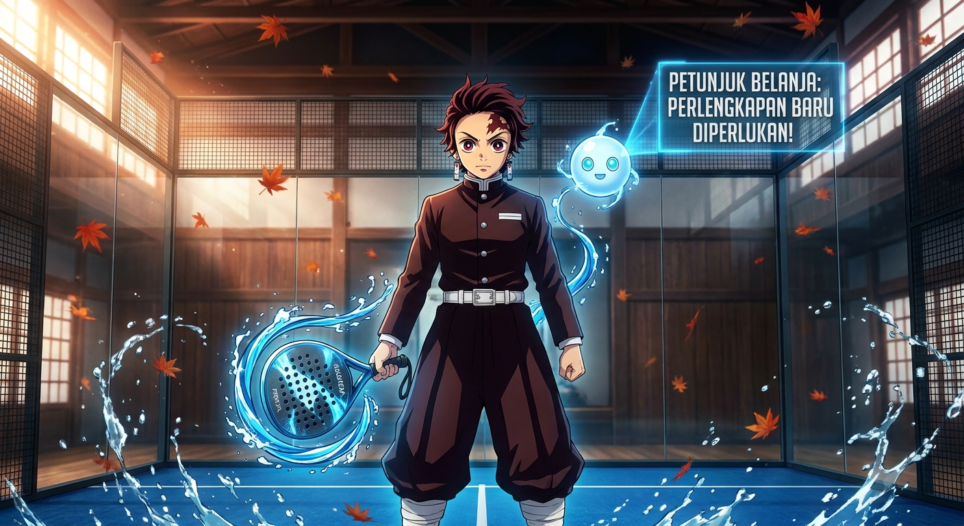 Karakter gaya anime memegang raket di lapangan dengan sentuhan cahaya biru
